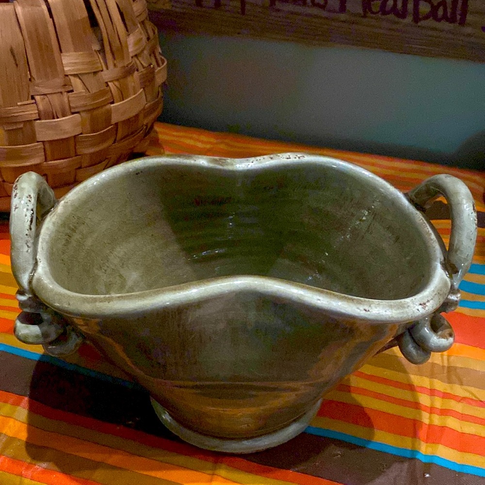 Ceramic Pottery Bowl Vase - Heavy Green/Toupe